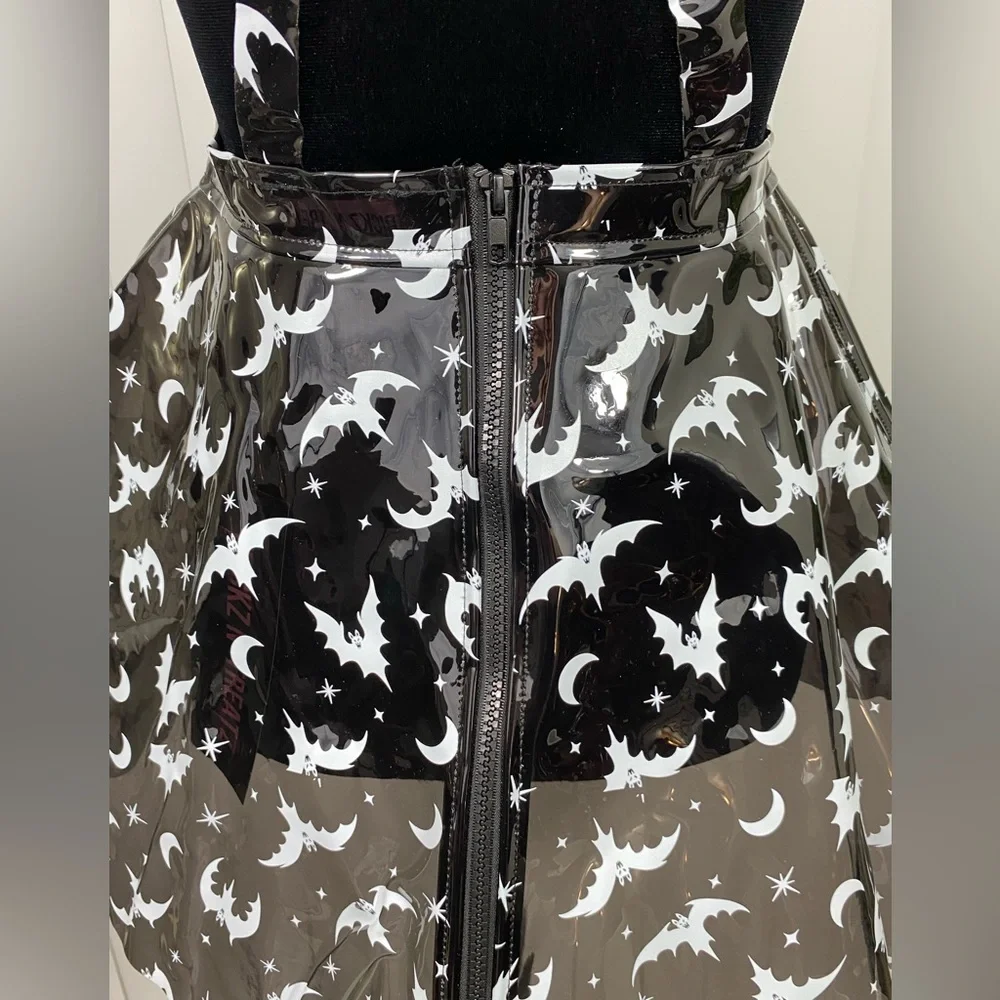 TRICKZ N TREATZ Bat My Lashes Print PVC Vinyl Mini Dress Bat Crescent Moon Black - Picture 6 of 14